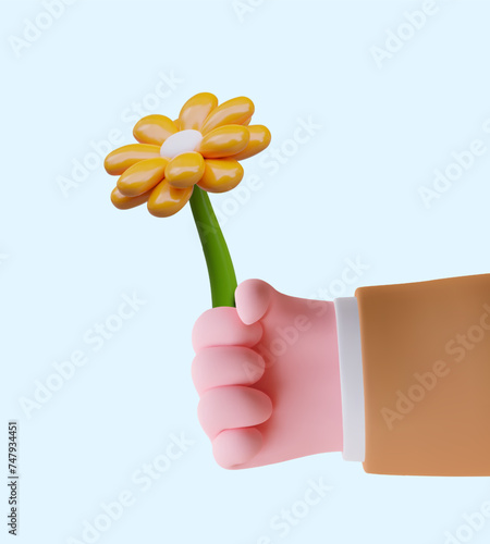 Realistic vector man hand holding yellow flower. Greetings from secret admirer