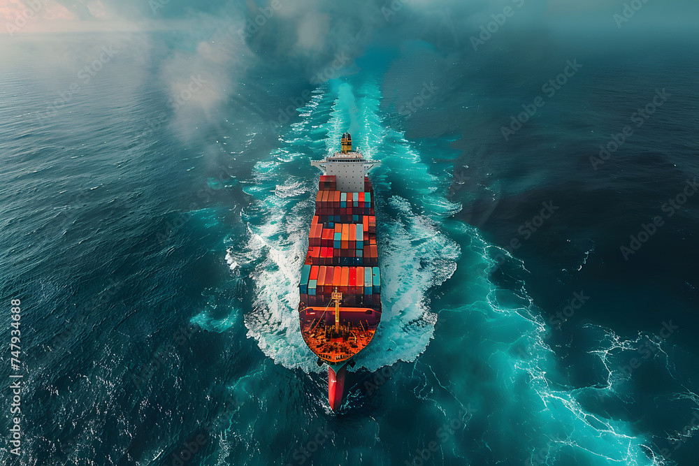 Aerial view of cargo ship with container sailing in the sea - obrazy, fototapety, plakaty 