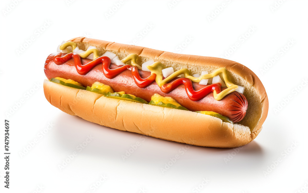 Delicious hot dog cut out on the white background сreated with Generative Ai Delicious hot dog cut out on the white background сreated with Generative Ai