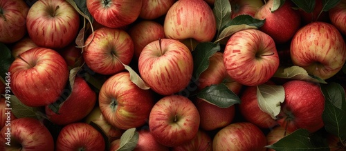 A collection of vibrant red apples with crisp leaves on top of them, creating a rustic and natural display. The apples are fresh and ripe, showcasing their rich color and healthy appearance. photo