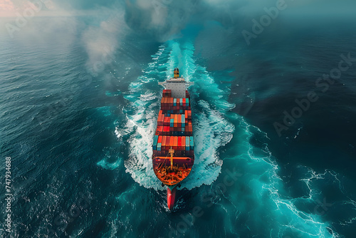 Aerial view of cargo ship with container sailing in the sea photo