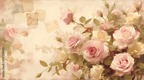 Muted dusty pink sepia vintage retro scrapbooking paper background with retro roses bouquets.