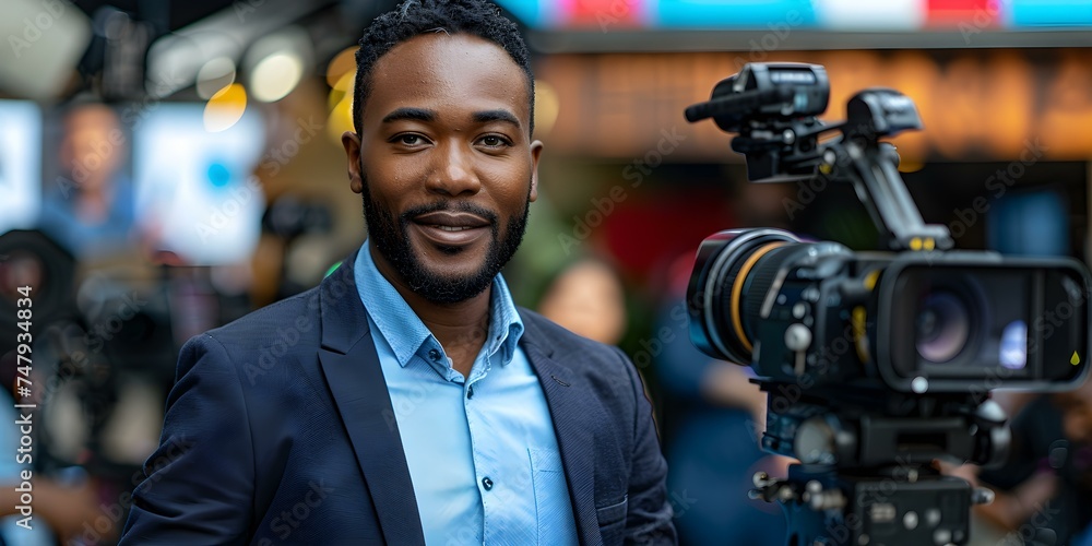 Black journalist with microphone gestures during television news broadcast near cameraman. Concept Journalism, Reporting, Television news, Broadcast, Black journalist