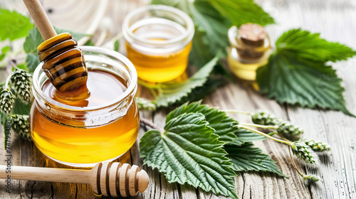Healing Ingredients, Honey, Tea, and Herbs Arrangement on Neutral Background