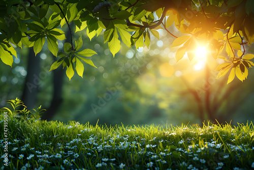 Spring background with green grass and flowers #747935084