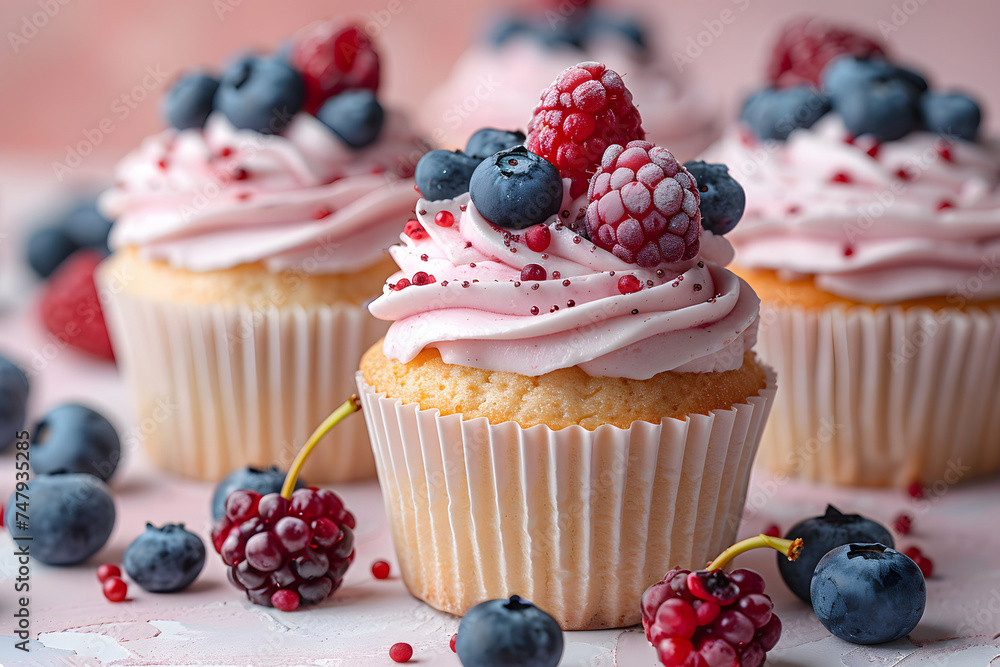 Cupcakes with fresh berries on a pink background Cupcakes with fresh berries on a pink background