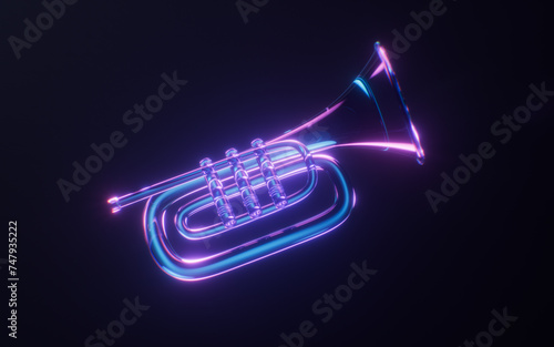 Trumpet with dark neon light effect, 3d rendering.