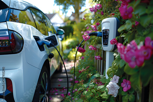 Electric car charging in a public park, close-up