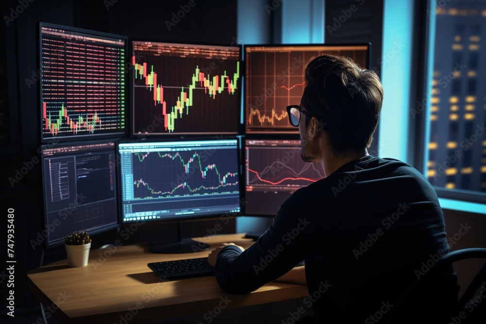 A successful and young trader in formal clothes works with a computer, sitting in his home office in front of computer screens with trading charts. A successful and young trader in formal clothes works with a computer, sitting in his home office in front of computer screens with trading charts.