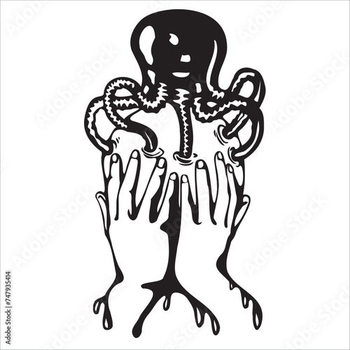 Concept with a man holding his face and with tentacles in his head. Mental disorders and psychotherapy. Isolated vector illustration