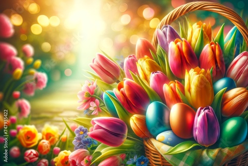 Tulips and Easter eggs close-up, bright garden background, joyful Easter scene. Cheerful tulips and colorful eggs, perfect for Easter mood.