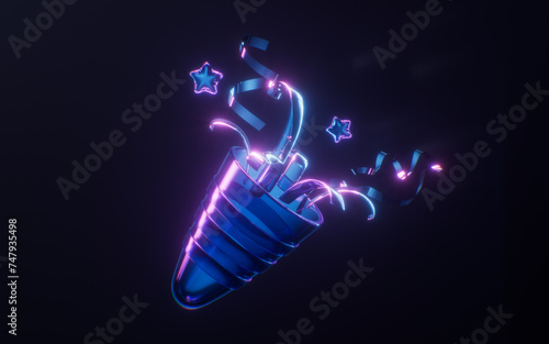 Celebratory fireworks with dark neon light effect, 3d rendering.