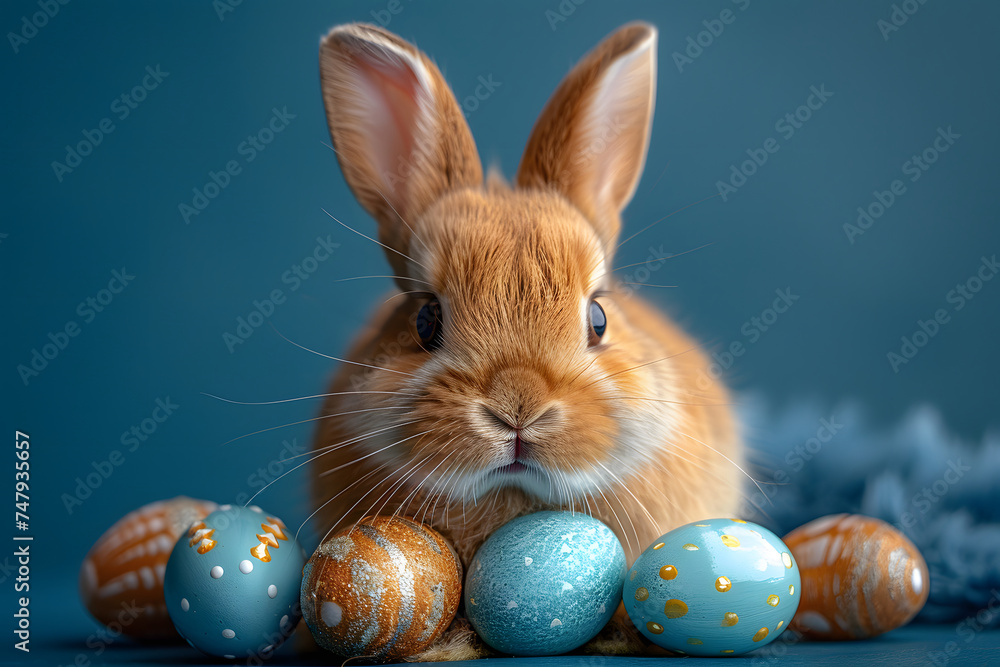 Cute Easter bunny and easter eggs on a blue background Cute Easter bunny and easter eggs on a blue background