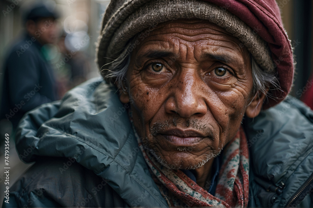 Close-up portrait of a homeless man on the street