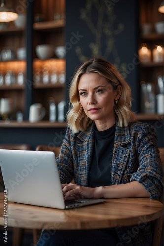 A young businesswoman with blond hair in a cafe working on her laptop.
