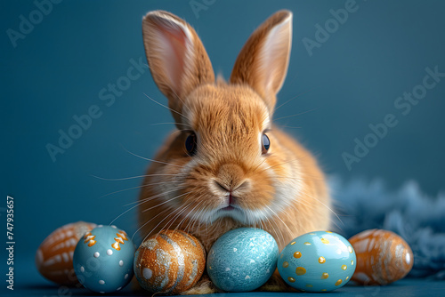 Cute Easter bunny and easter eggs on a blue background