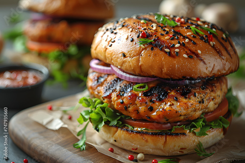 Burgers with meat and vegetables on cutting board, closeup