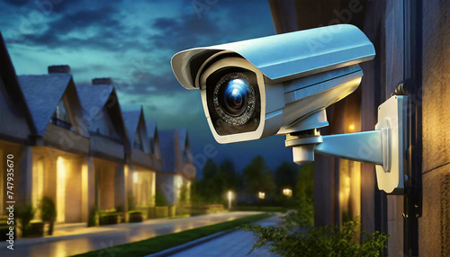 Close-up of a CCTV modern security camera outside a house in a residential district at night, using for recording and monitoring the criminals scene. Generative Ai.