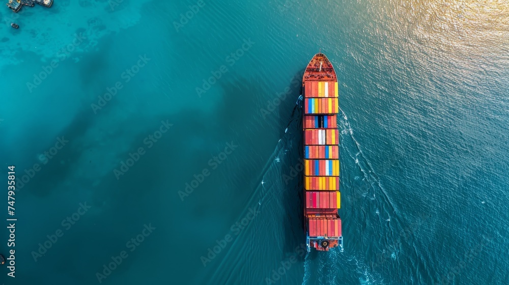 Container ship fully loaded, front view in vibrant blue ocean waters on a sunny day