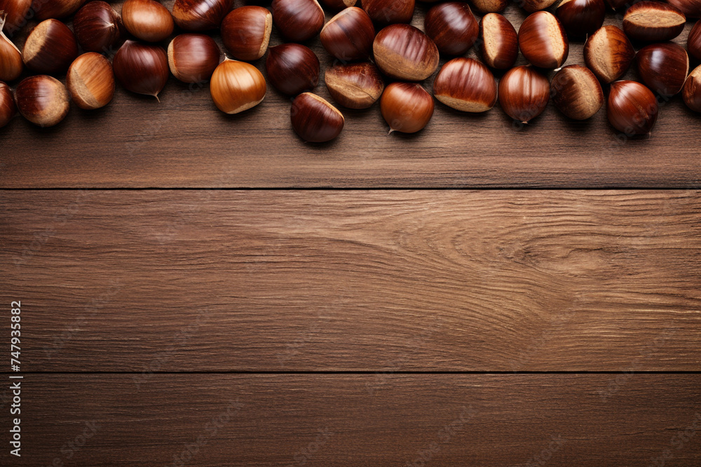 realistic photo of Chestnuts, rustic bacground, top view, copy space сreated with Generative Ai realistic photo of Chestnuts, rustic bacground, top view, copy space сreated with Generative Ai