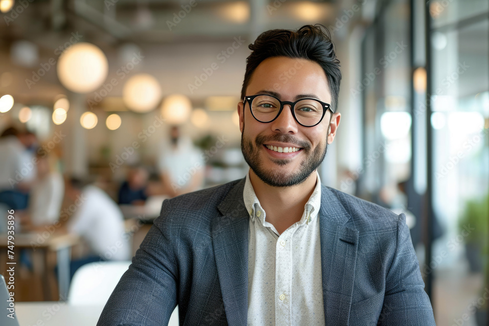 Confident bearded businessman with glasses smiling in modern creative workspace