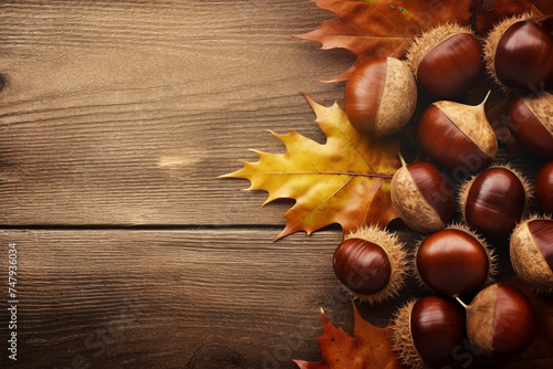realistic photo of Chestnuts, rustic bacground, top view, copy space сreated with Generative Ai