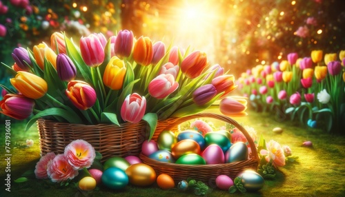 Tulips and Easter eggs close-up, bright garden background, joyful Easter scene. Cheerful tulips and colorful eggs, perfect for Easter mood.