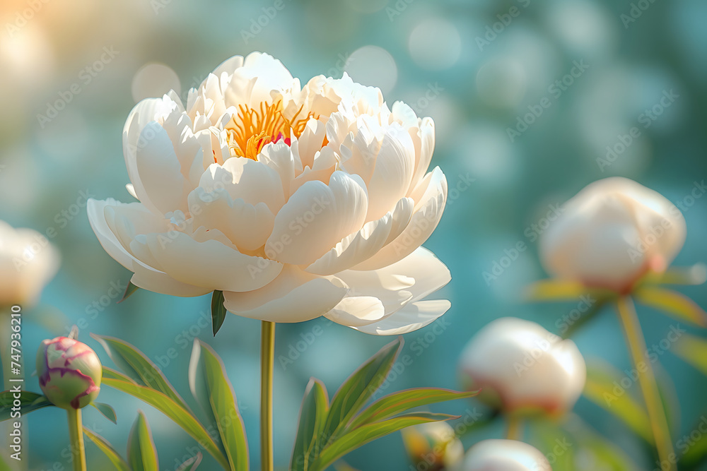 White peony flower in the garden on a background of blue sky