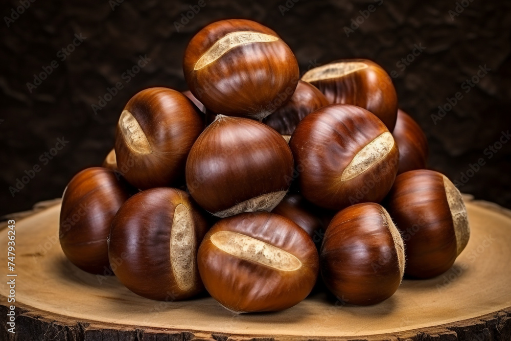 realistic photo of Chestnuts, rustic bacground, top view, copy space сreated with Generative Ai realistic photo of Chestnuts, rustic bacground, top view, copy space сreated with Generative Ai