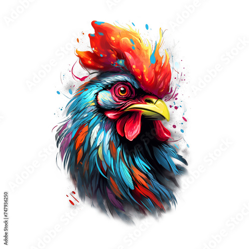 Painting of colorful rooster head. Farm animals. Clipart for Sublimation Printing. Illustration, Generative AI.