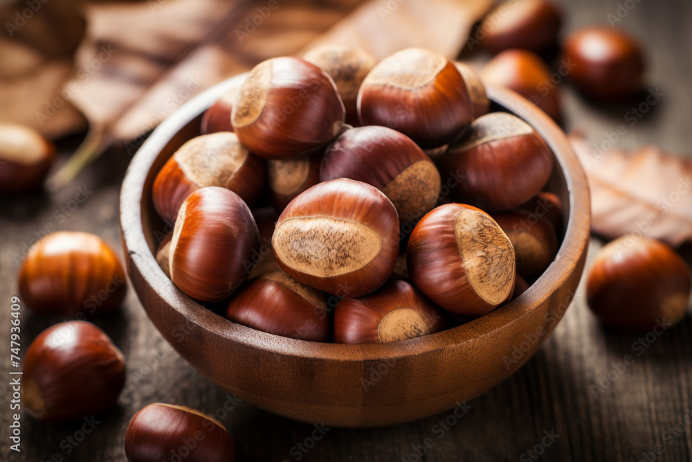 realistic photo of Chestnuts, rustic bacground, top view, copy space сreated with Generative Ai realistic photo of Chestnuts, rustic bacground, top view, copy space сreated with Generative Ai