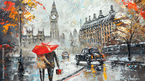 Oil painting on canvas street view of london. Ar © Rimsha