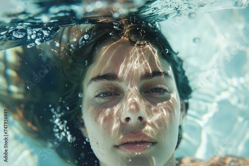 A woman swimming gracefully underwater in a pool. Perfect for health and fitness promotions