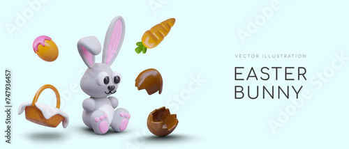 Funny Easter bunny in children style, 3D basket, carrot, halves of chocolate egg