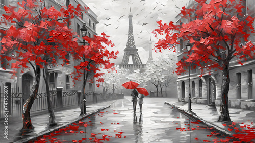 Oil painting on canvas street view of Paris. Art