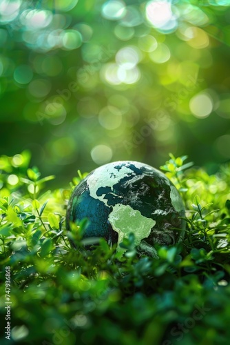 A small globe placed on a vibrant green field. Suitable for educational and environmental concepts