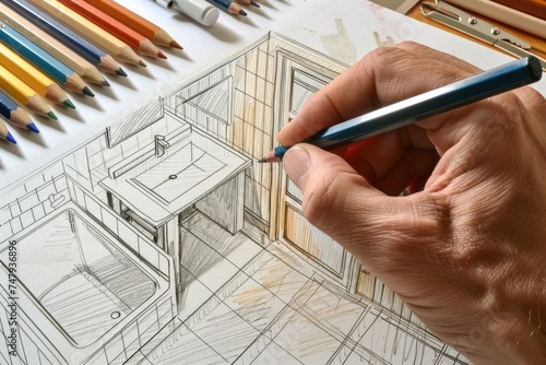 A person drawing a bathroom with colored pencils. Suitable for interior design concepts