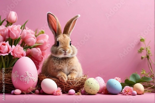 happy easter, bunny and colorful eggs and flower