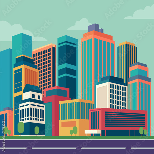 Business district in city vector illustration. Modern high-rise office buildings. Cityscape concept