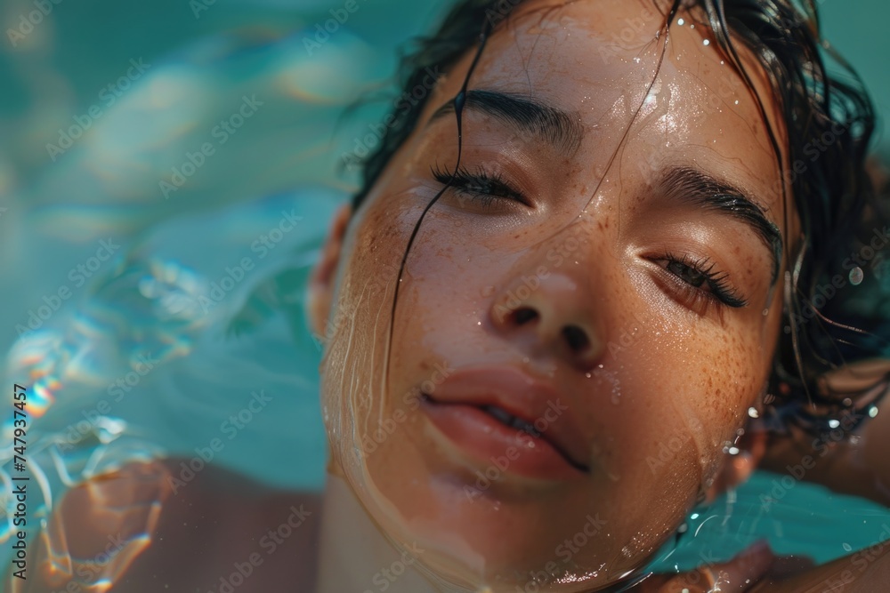 A close up image of a person swimming in a pool. Suitable for lifestyle and fitness concepts A close up image of a person swimming in a pool. Suitable for lifestyle and fitness concepts