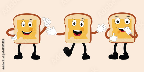 Happy Bread Slice Cartoon Mascot Character, Funny Sandwich Cartoon Vintage Bread Character Retro Style Bread Logo Vector Illustration 60s 70s Bread Retro Style
