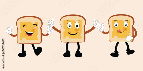 Happy Bread Slice Cartoon Mascot Character, Funny Sandwich Cartoon Vintage Bread Character Retro Style Bread Logo Vector Illustration 60s 70s Bread Retro Style