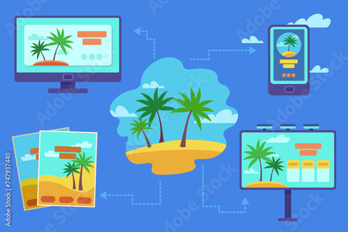 Travellling abroad advertising vector illustration. Computer with landing page, smartphone with online banner, billboard, poster with palm trees. Different channels of advertising, tourism, travel photo