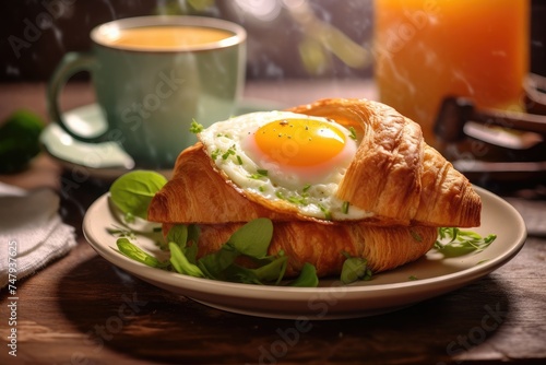 Close up Breakfast in cafe - eggs and croissants with a cup of coffee