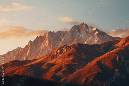 A stunning view of a mountain range during sunset. Perfect for travel and nature concepts © Fotograf