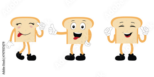 Happy Bread Slice Cartoon Mascot Character, Funny Sandwich Cartoon Vintage Bread Character Retro Style Bread Logo Vector Illustration 60s 70s Bread Retro Style