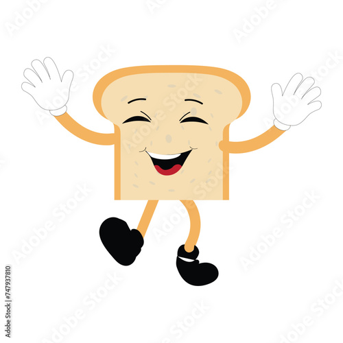 Happy Bread Slice Cartoon Mascot Character, Funny Sandwich Cartoon Vintage Bread Character Retro Style Bread Logo Vector Illustration 60s 70s Bread Retro Style