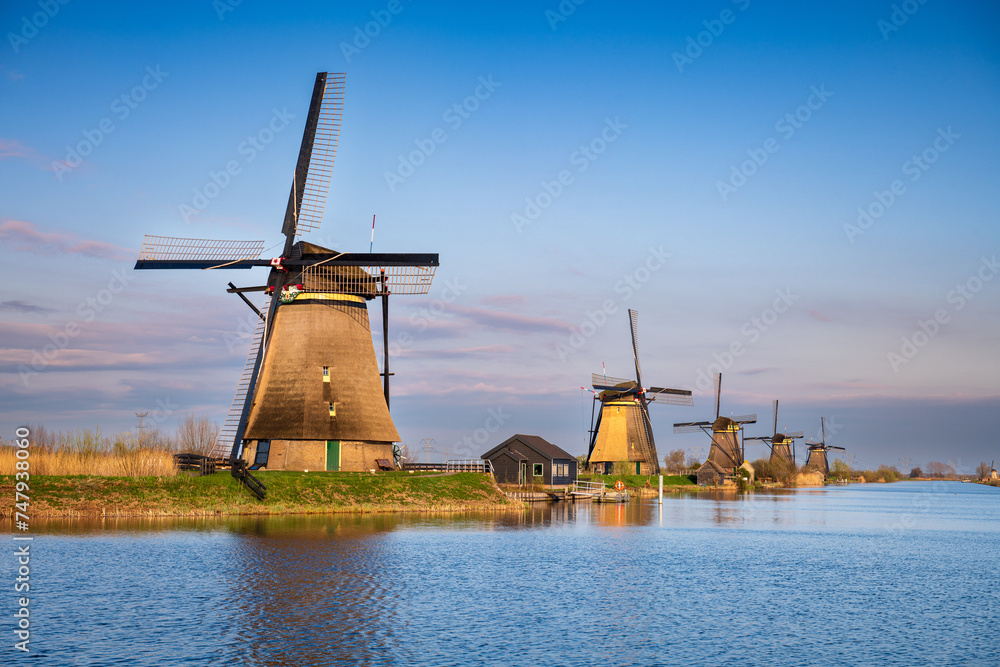 sunset view of the mills of Kinderdijk, Netherlands