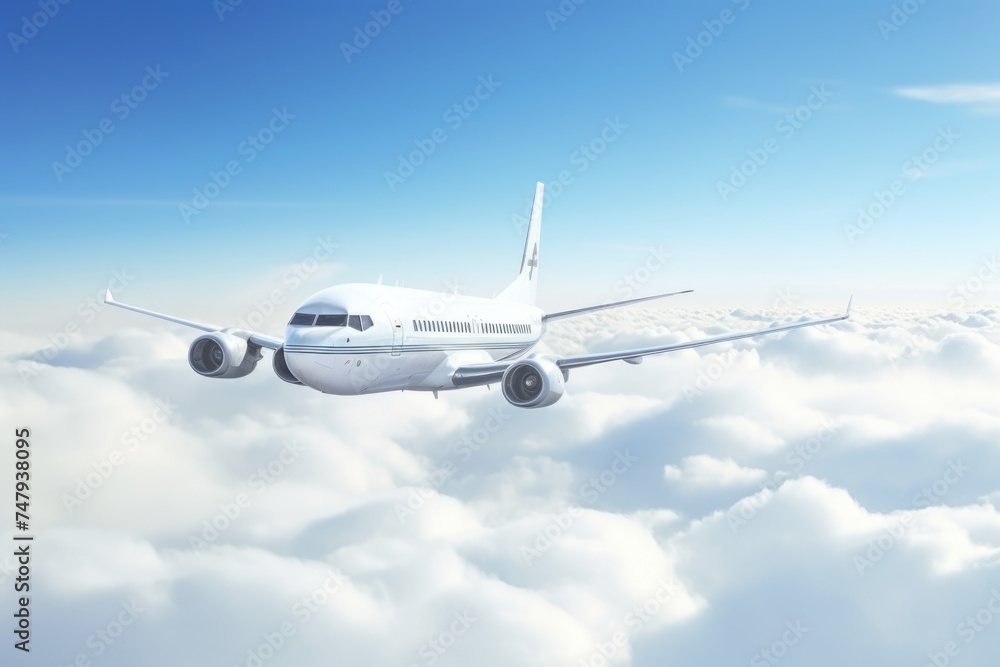 A large passenger jet flying through a blue sky. Suitable for travel and transportation concepts