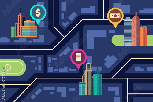 Map of commercial district. Vector illustration. Top view. Modern buildings and destination points with money and contracts. Business, finance concept
